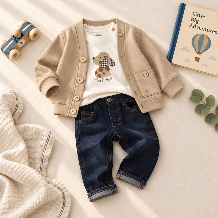 Completo 3 pezzi bimbo con giacca felpata, maglia e jeans