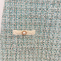 Abito elegante bambina in tweed verde acqua con dettagli gioiello avorio, maniche corte e linea svasata
