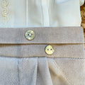 Completo battesimo bimbo beige e bianco con papillon e pantalone lungo