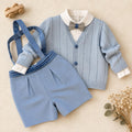 Cardigan azzurro del completo battesimo bimbo con camicia bianca e papillon fantasia.