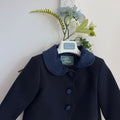 Cappottino inglese blu bimba in panno foderato con colletto in velluto