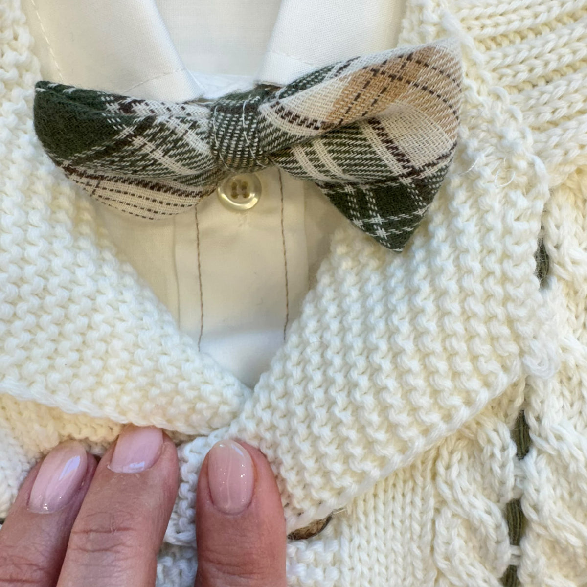 Completo cerimonia bimbo panna e verde tartan con cardigan