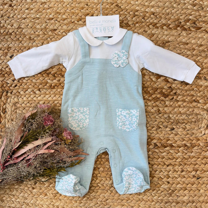 Tutina neonata 100% cotone azzurra effetto salopette con taschine floreali