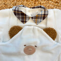 Tutina neonato in ciniglia panna con orsetto tridimensionale e colletto tartan