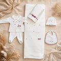 Uscita clinica neonata in ciniglia panna con copertina sfoderabile e fiocchi rosa Made in Italy.