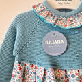 Abitino bimba in cotone verde acqua polveroso con corpetto a maglia, colletto arricciato e gonna floreale