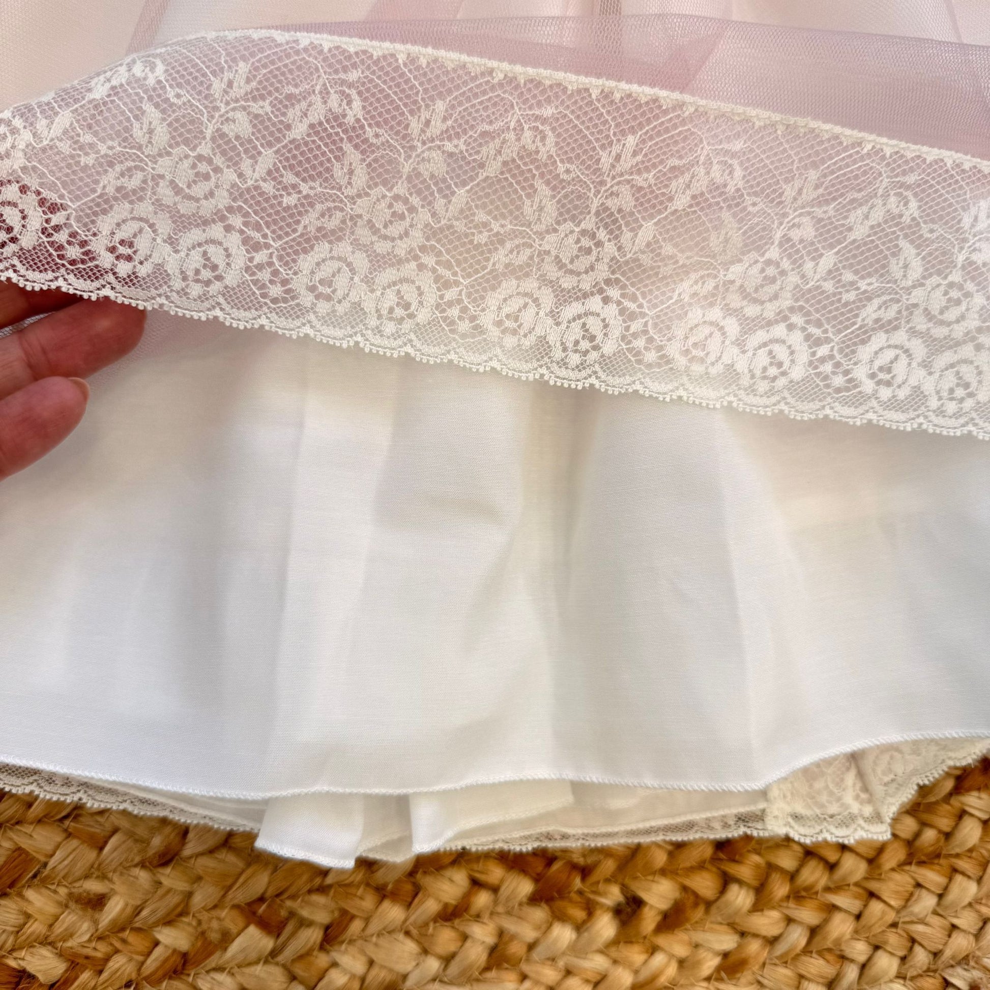 dettaglio fondo abito con balza e pizzo bianco
