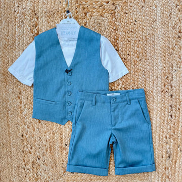 completo bimbo elegante verde ottanio con gilet e pantaloncino