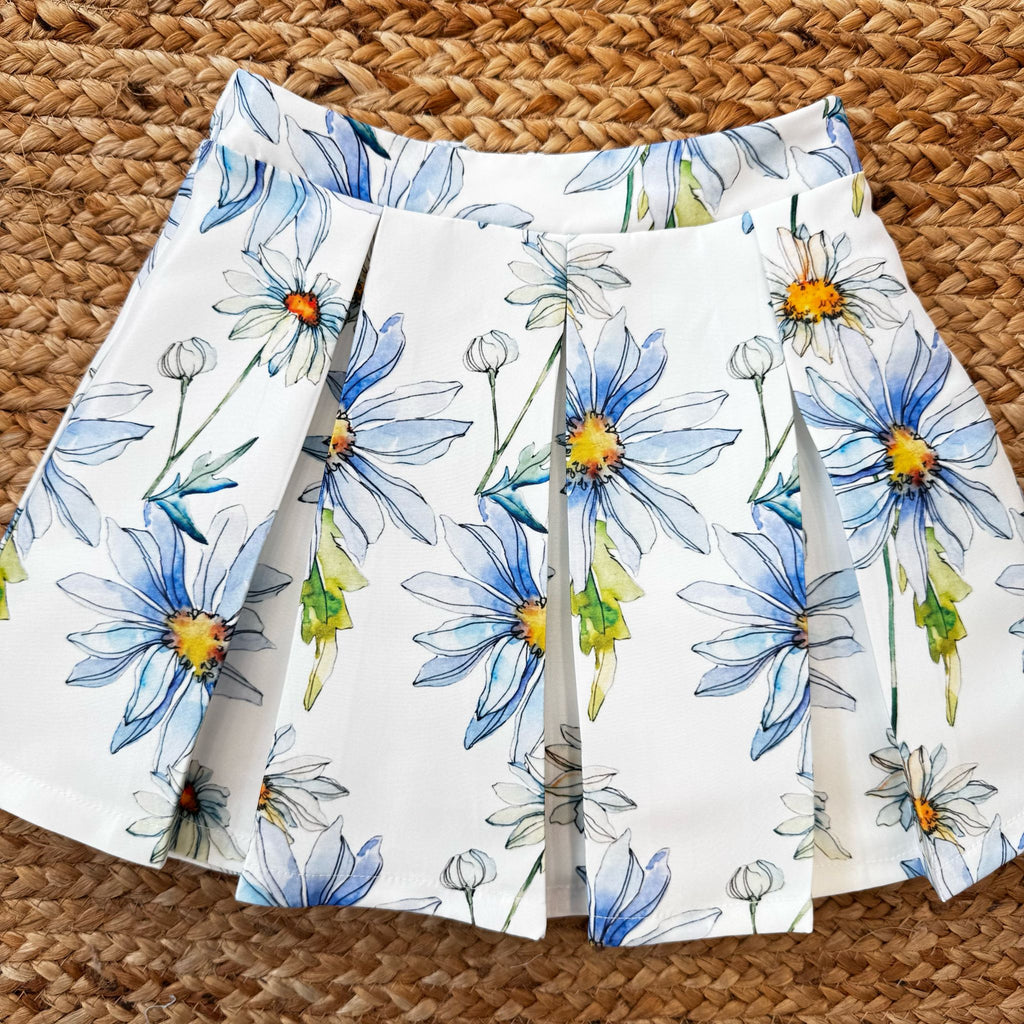 Coordinato bambina con top celeste e gonna a fiori azzurri

