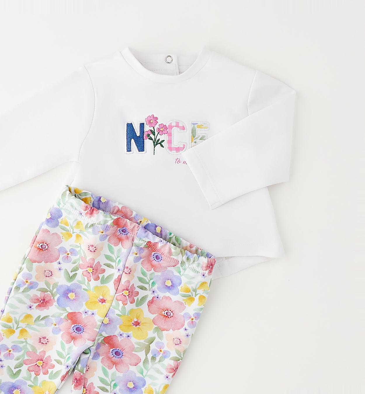 Dettaglio maglia bimba con ricamo NICE e stampa floreale