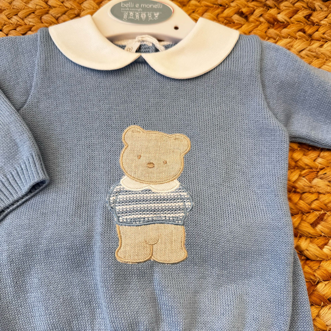 Completo nascita Baby Lord in filo di cotone blu con orsetto applicato
