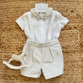 completo battesimo bimbo elegante con bretelle e papillon in lino
