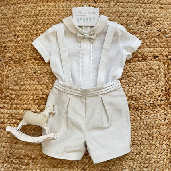 completo battesimo bimbo elegante con bretelle e papillon in lino