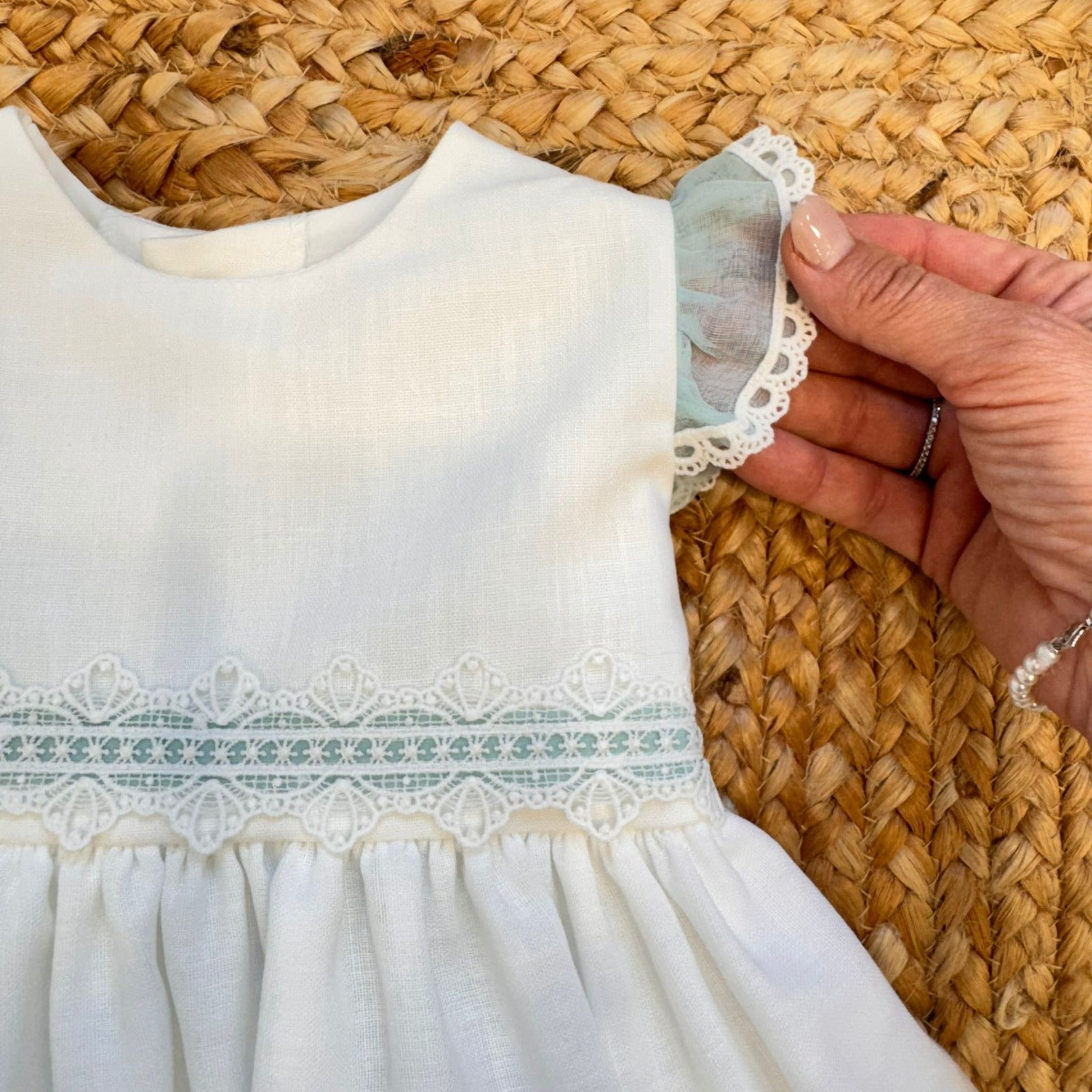 Abito battesimo bimba acqua marina in cotone e lino
