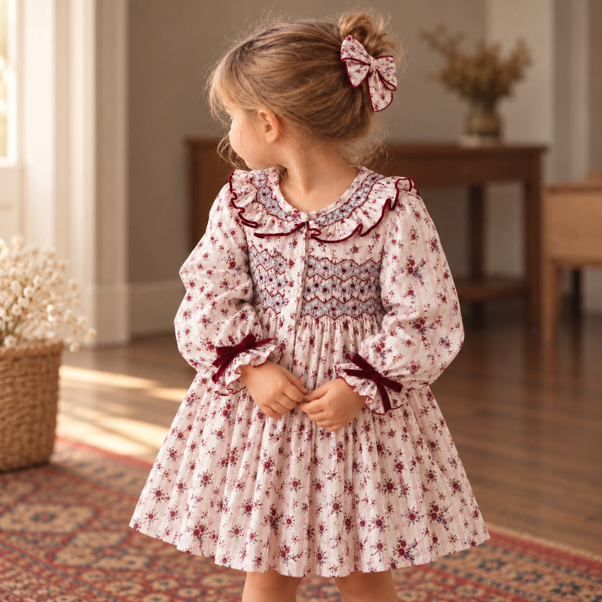 Abito bimba punto smock floreale con fiocchi in velluto bordeaux
