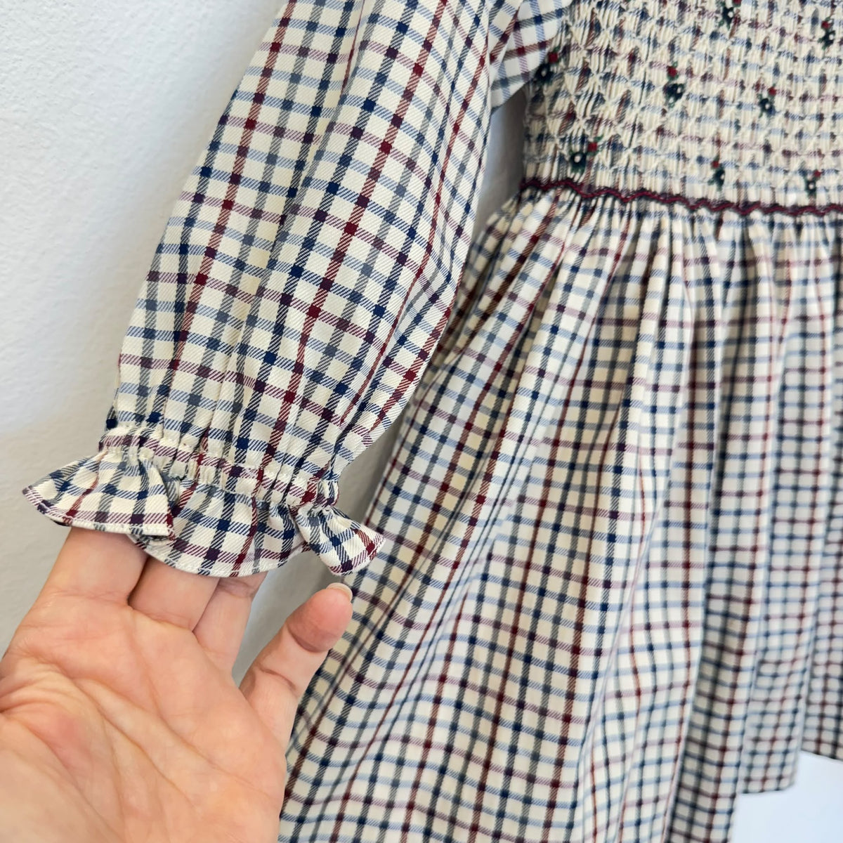 Abito bimba tartan punto smock con dettagli bordeaux