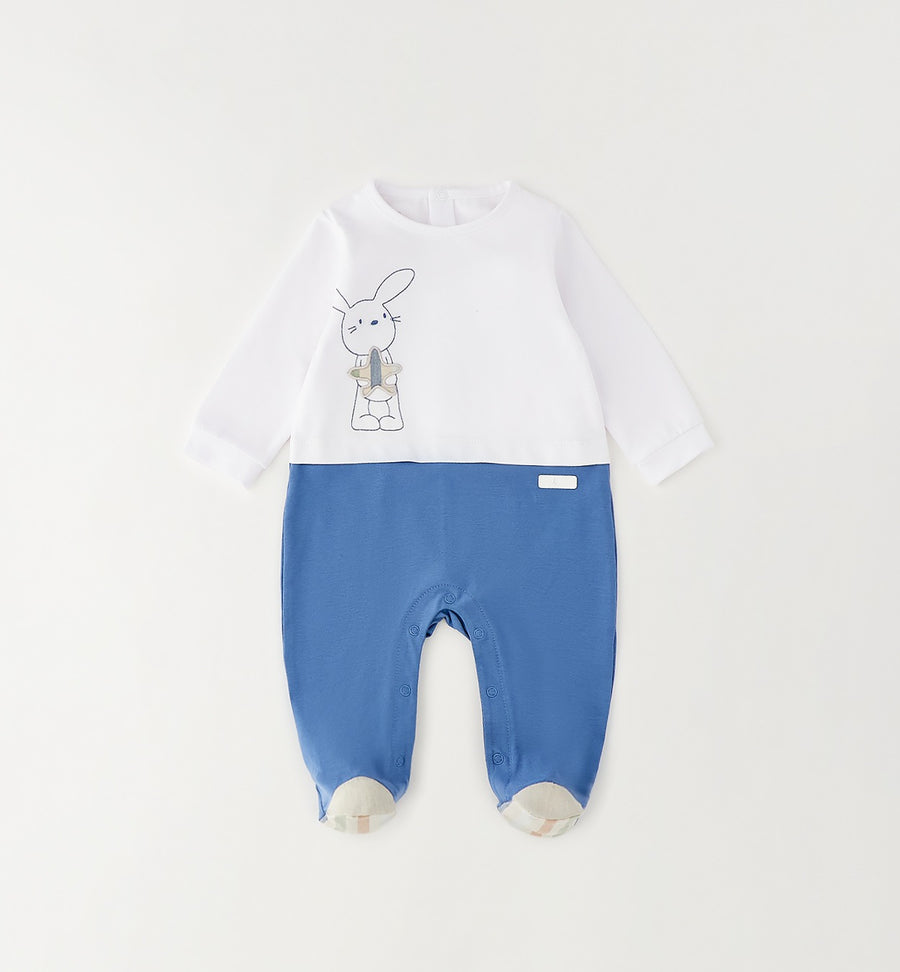 Tutina neonato in 100% cotone bianca e azzurra con ricamo coniglietto