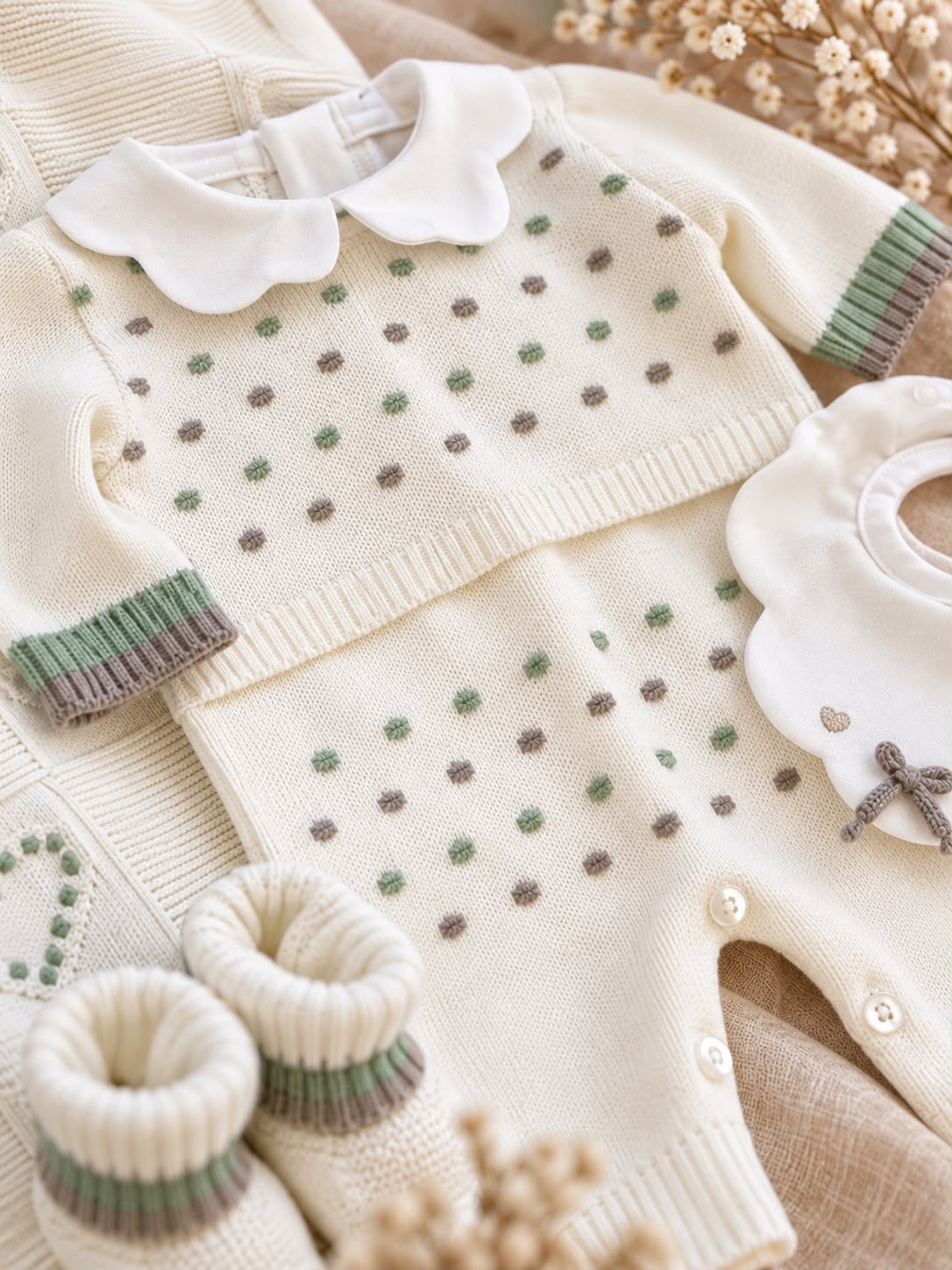 Uscita clinica neonata panna con tutina, copertina, lenzuola e accessori coordinati.