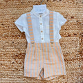 completo neonato cotone con salopette rigata arancio e beige