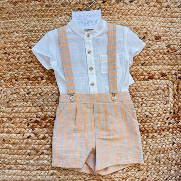 completo neonato cotone con salopette rigata arancio e beige