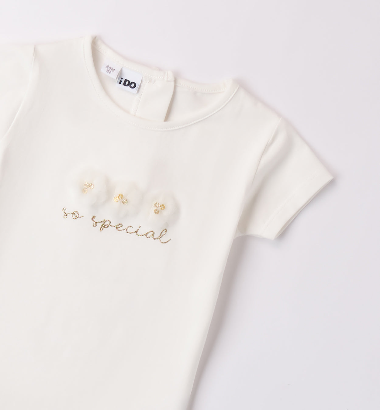 T-shirt bambina avorio con fiori in tulle e scritta dorata "so special"

