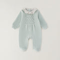 Tutina neonata verde menta in ciniglia con colletto floreale e lavorazione decorativa frontale