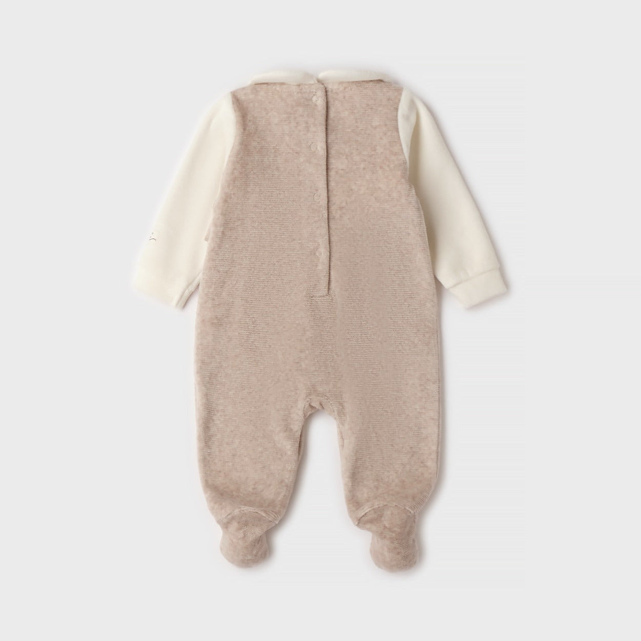 Retro tutina neonata in ciniglia panna e beige con piedini e apertura posteriore