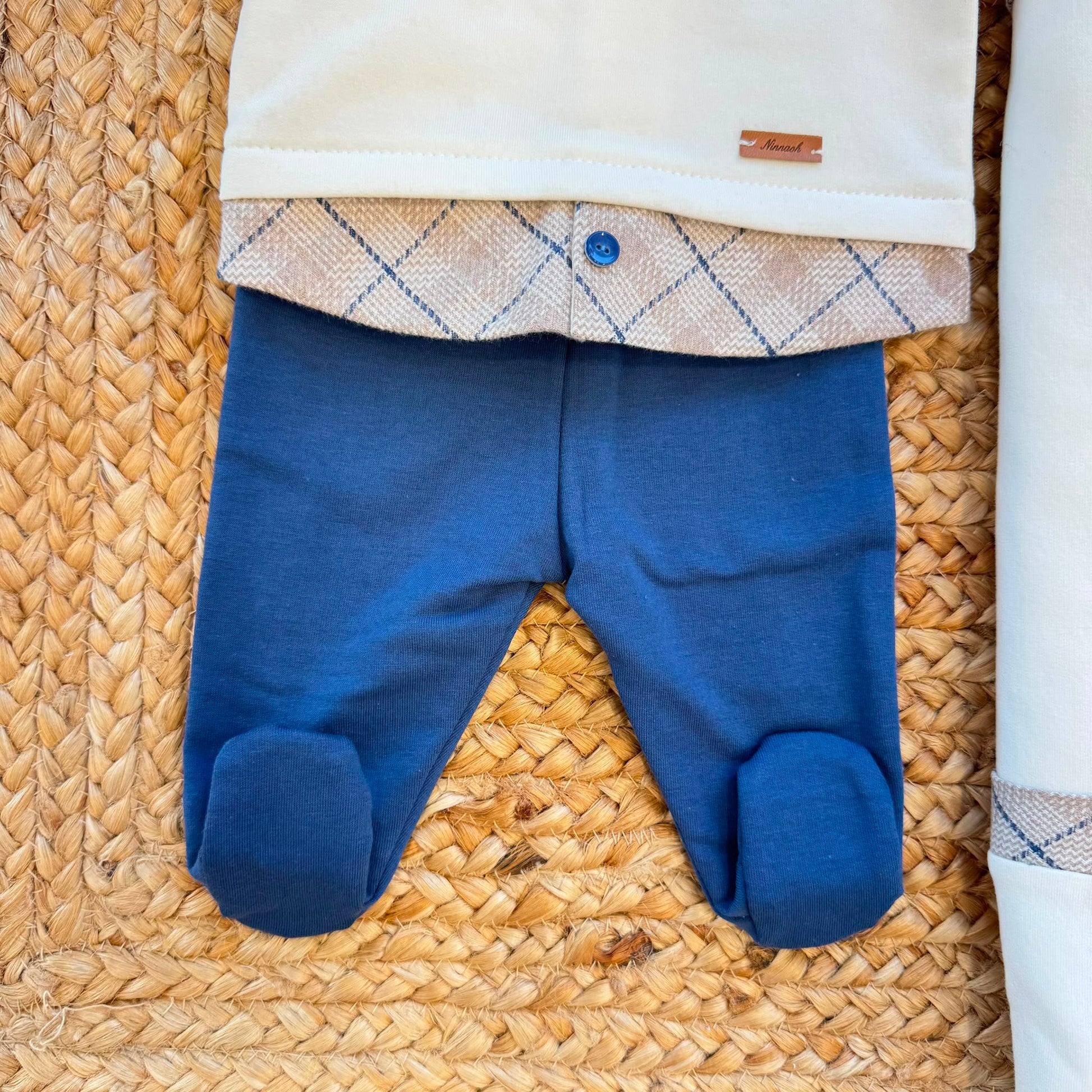 Uscita clinica neonato in caldo cotone panna e blu con copertina sfoderabile 65x85 cm Made in Italy.