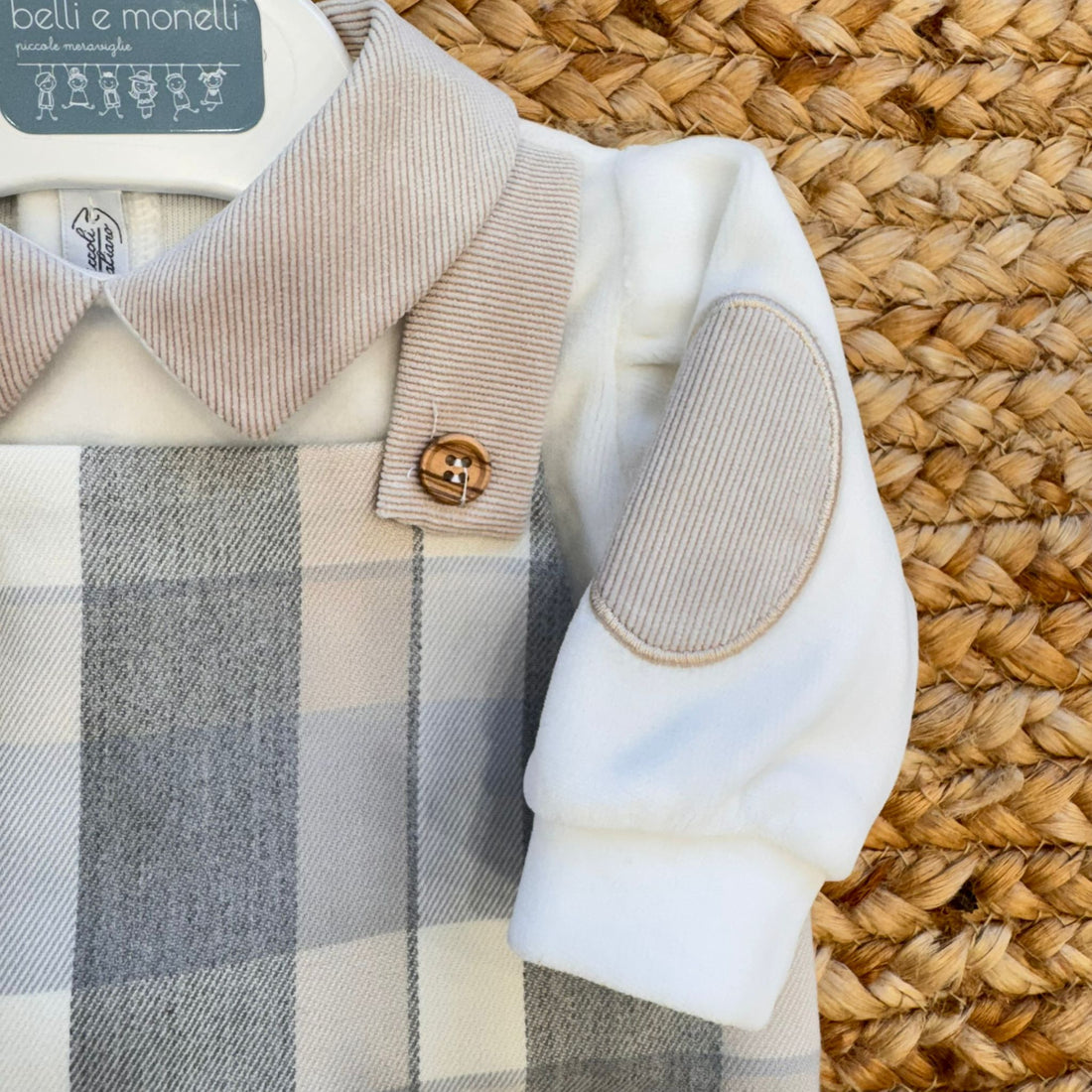 tutina in caldo cotone grigia a quadri con collo beige neonato