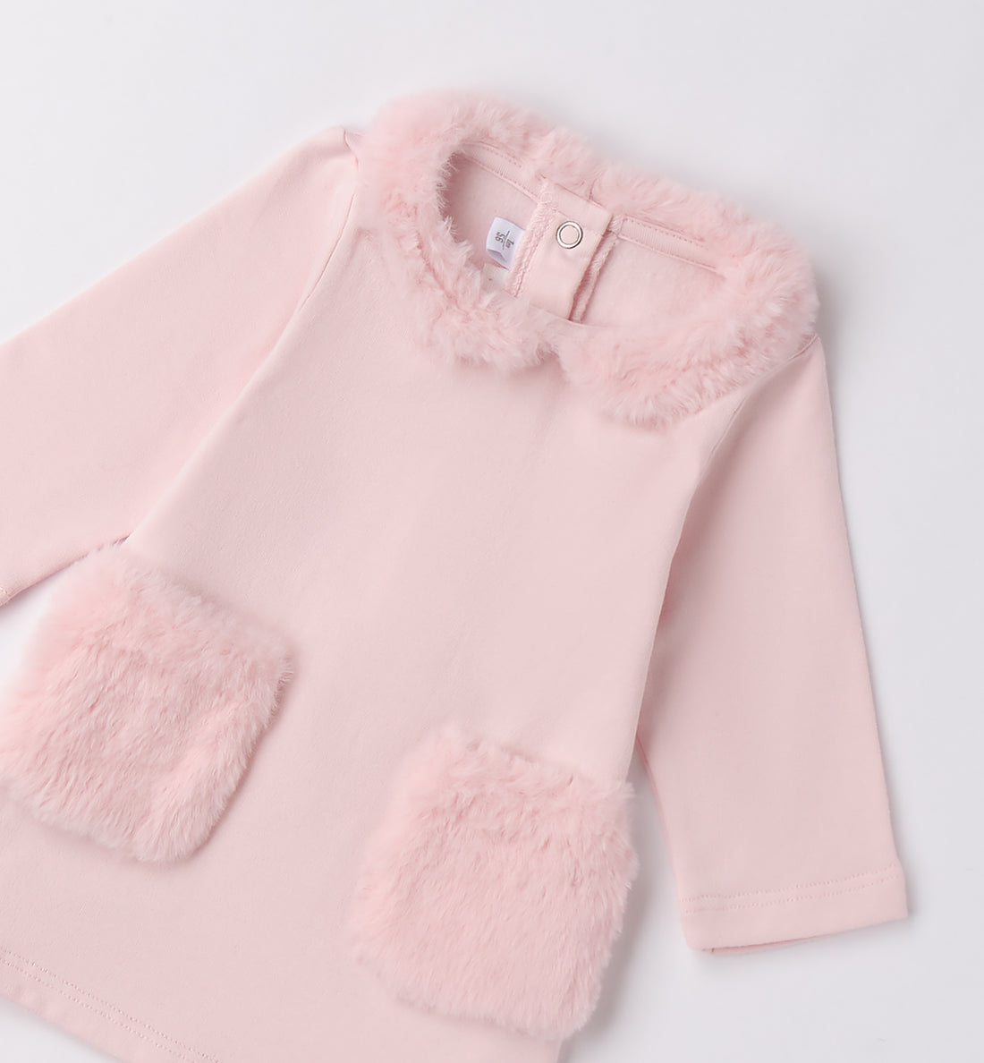 abitino neonata caldo cotone rosa fronte con colletto e taschine