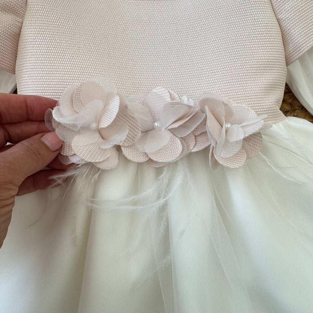abito battesimo neonata tulle panna rosa cipria con fiori