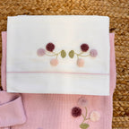dettaglio ricamo fiori su maglia e copertina neonata