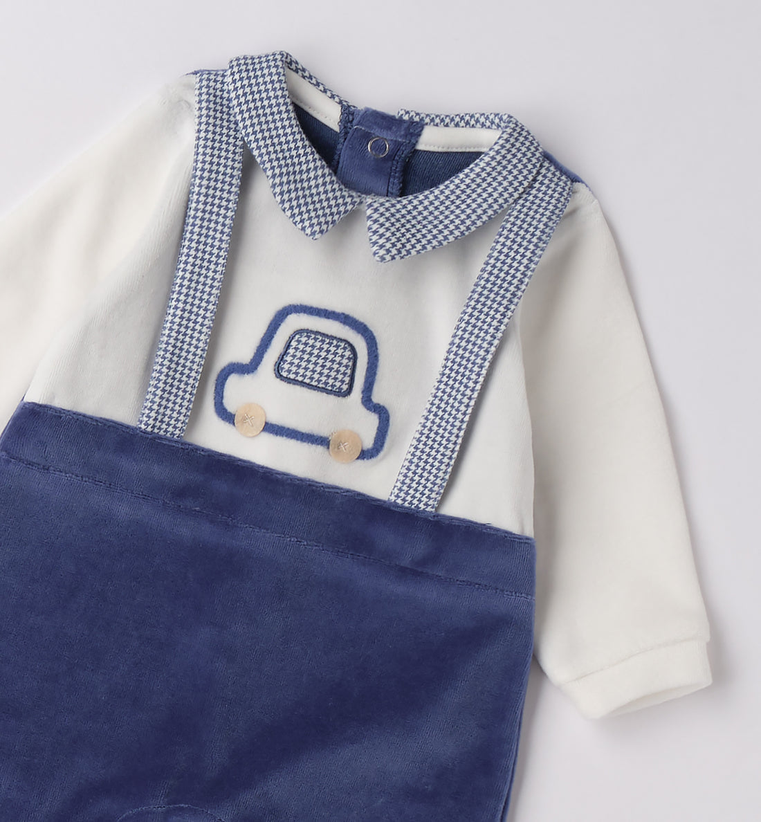 tutina ciniglia blu neonato con ricamo macchinina