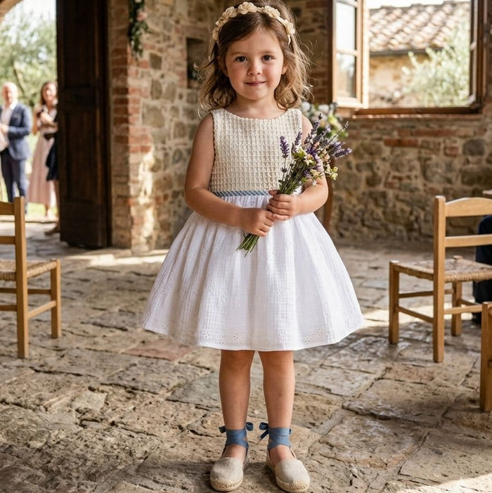 Abito elegante bimba in cotone bianco con fiocco  verde