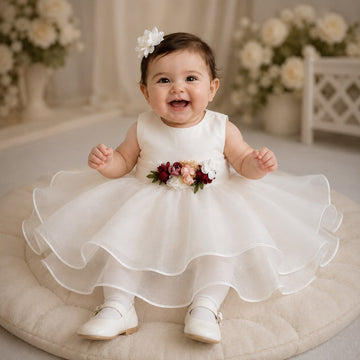 Abito in organza con cintura fiori
