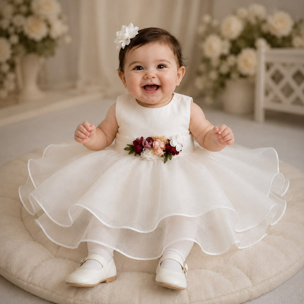 Abito in organza con cintura fiori