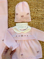 Uscita clinica neonata lana rosa con ricami floreali