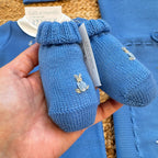 Uscita clinica neonato in pura lana blu royal con coniglietti ricamati a mano