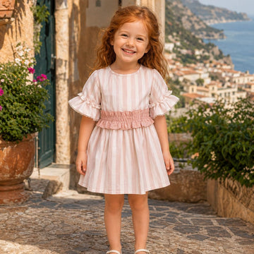 Abito elegante bambina a righe rosa e panna con fiocco