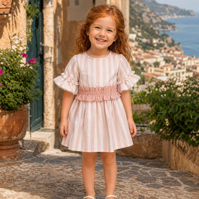 Abito elegante bambina a righe rosa e panna con fiocco