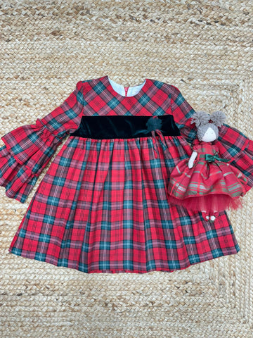 Abito Tartan con Dettagli in Velluto Verde per un Look Natalizio Elegante