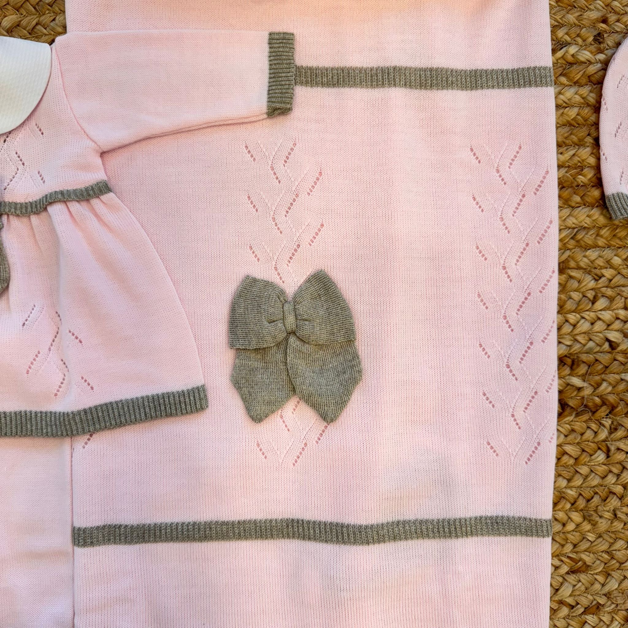 Uscita clinica neonata misto lana rosa con fiocco tortora