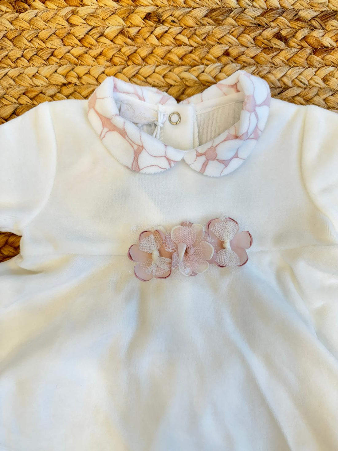 Completo ciniglia neonata con tunica panna e pantalone margherite rosa

