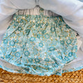 Abito bimba in cotone floreale verde acqua con punto smock e colletto arricciato