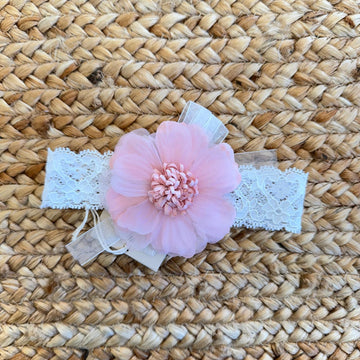 Fascia battesimale bianca in pizzo con fiore rosa in organza, ideale per neonate e cerimonie eleganti.
