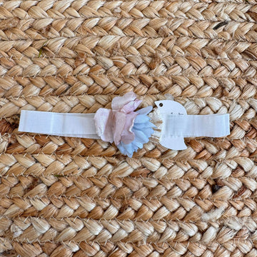 Fascia battesimo neonata rosa e azzurra con fiori in tessuto, pizzo e juta