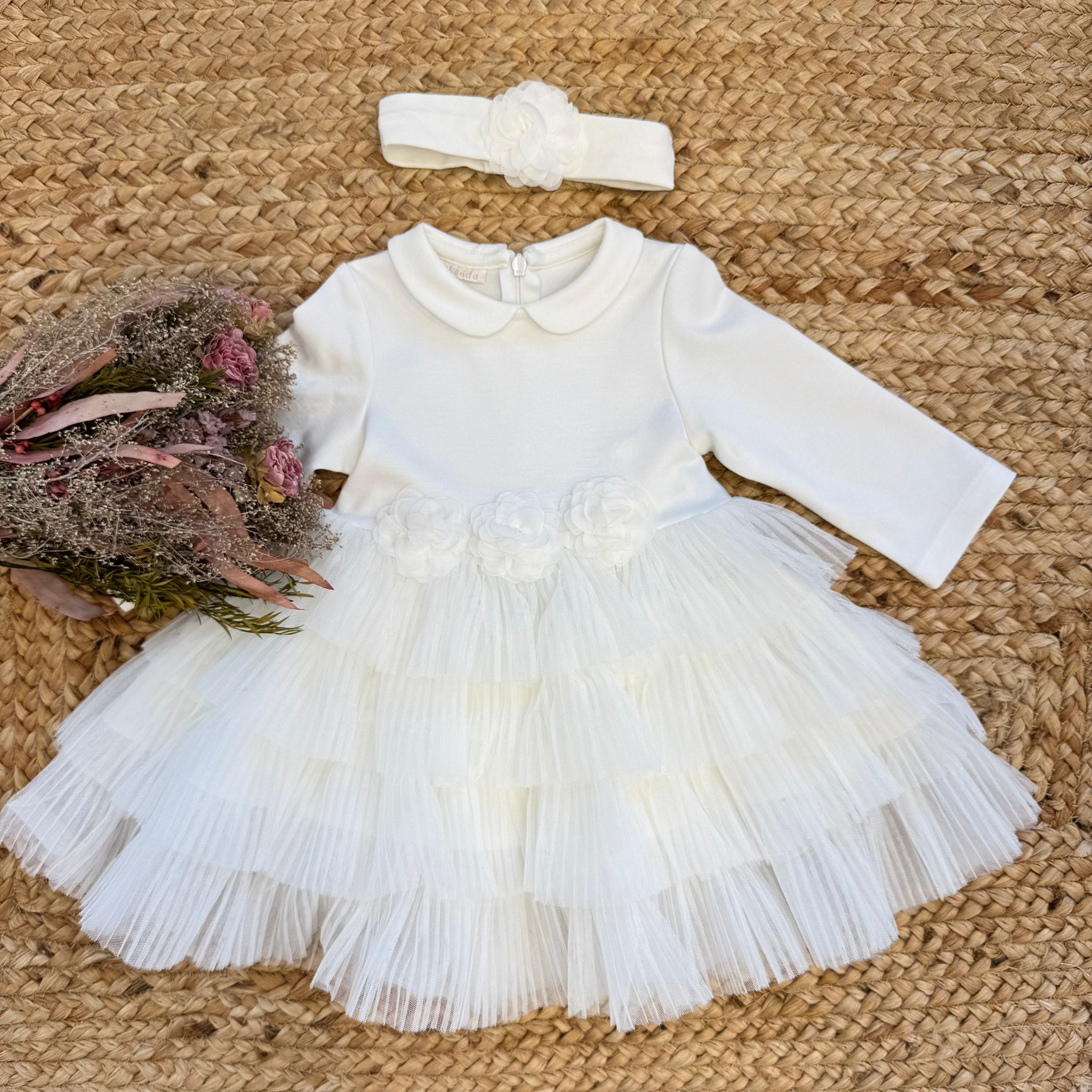 fascia bimba battesimo con fiore applicato bianco
