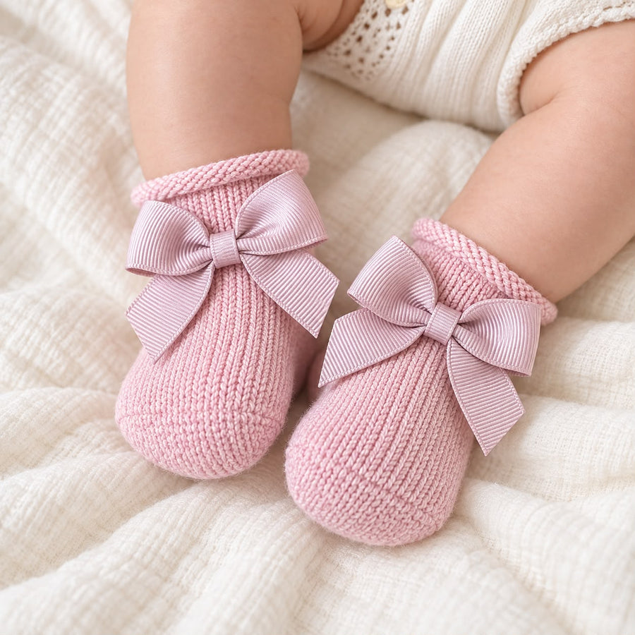 Calzini neonata rosa antico in maglia con fiocco