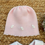 Uscita clinica neonata in pura lana rosa cipria con cuori ricamati