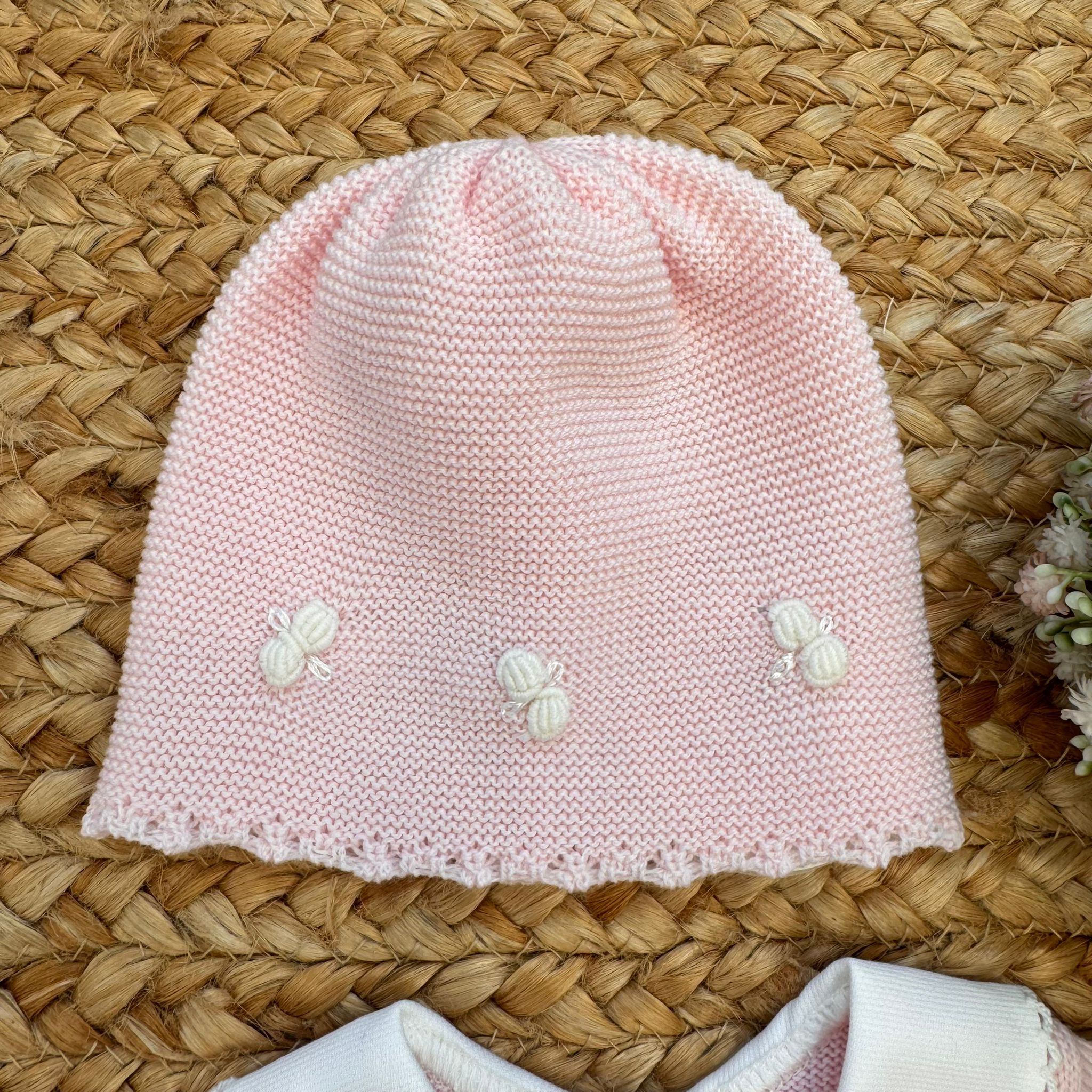 Uscita clinica neonata in pura lana rosa cipria con cuori ricamati